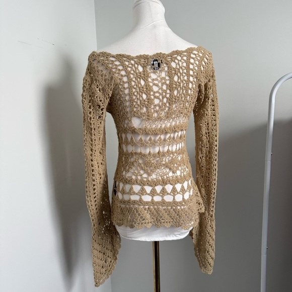 Vintage Boho Crochet Mesh Bell Sleeve Tan Open Knit Festival Blouse y2k fairy S - Picture 6 of 8
